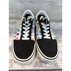 Vans Old Skool Low Top Sneakers Rainbow Checkerboard Black White Lace Up Youth 7